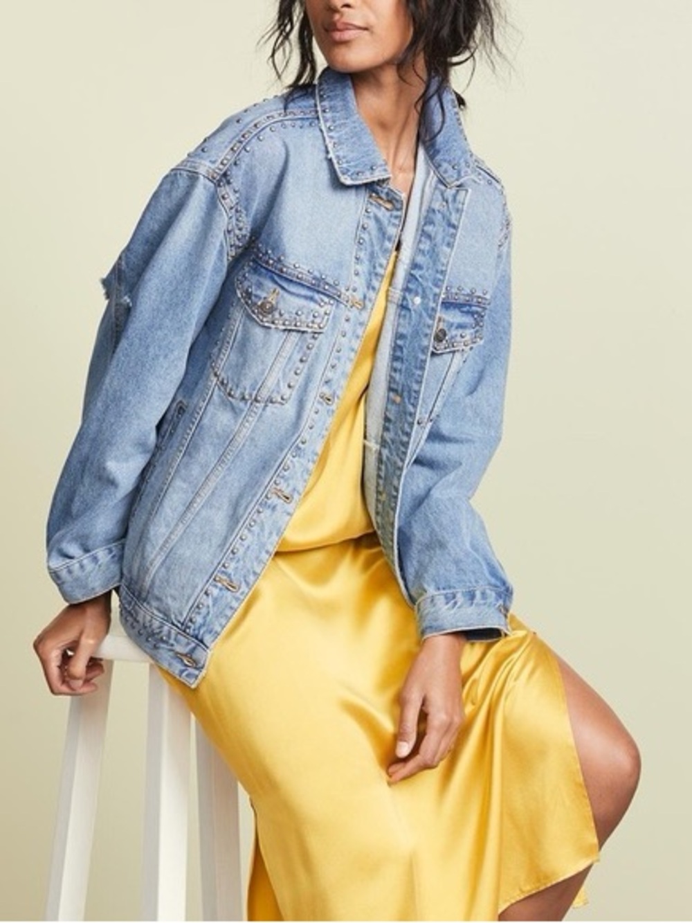 Free People Light Wash Denim Jacket with Stud Details